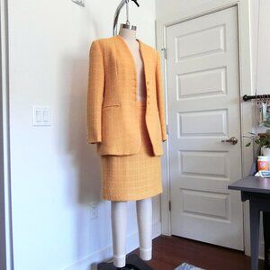 Vintage Biva Saint Honoré Paris Yellow Sparkle Bouclé Jacket & Skirt Set Size M
